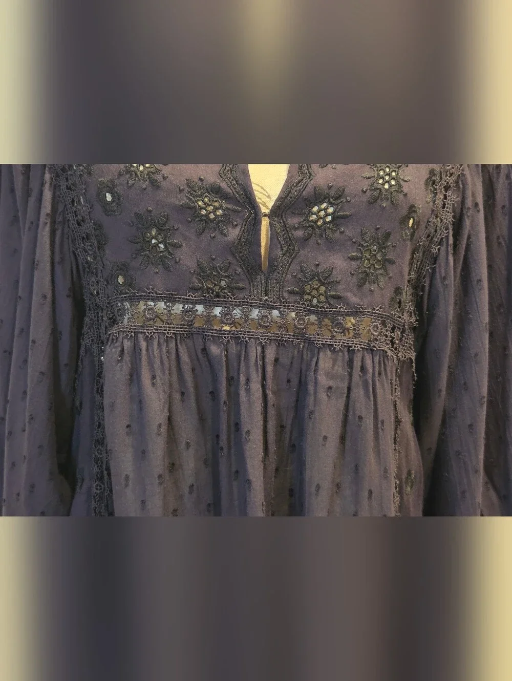 Free People Embroidered Deep Plum Swiss Dot Mini Dress,Size M.